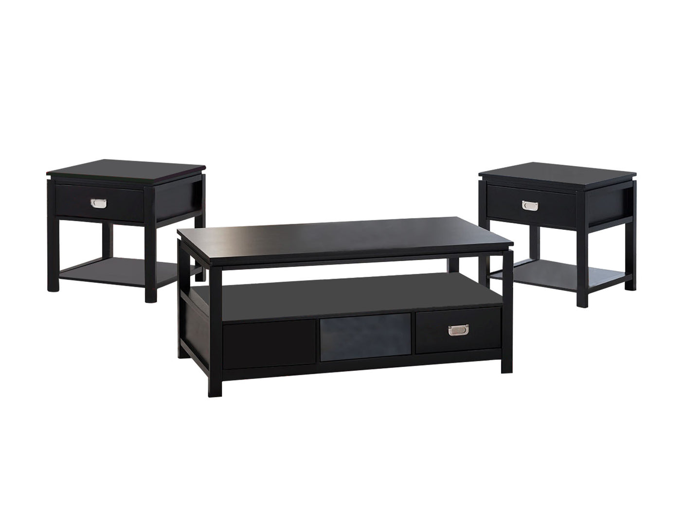 3 - Piece Solid Wood Top Living Room Table Set Black
