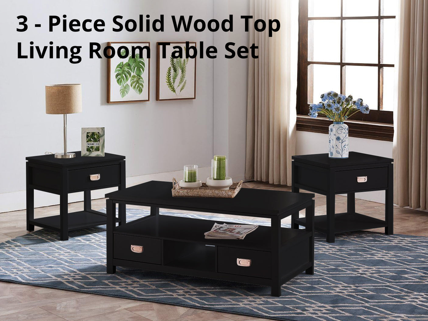 3 - Piece Solid Wood Top Living Room Table Set Black
