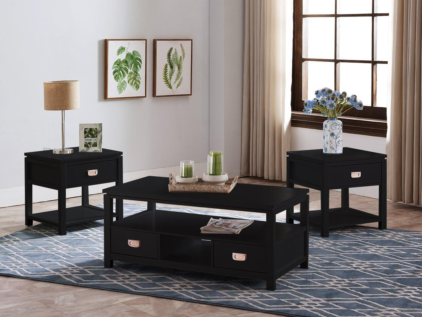 3 - Piece Solid Wood Top Living Room Table Set Black