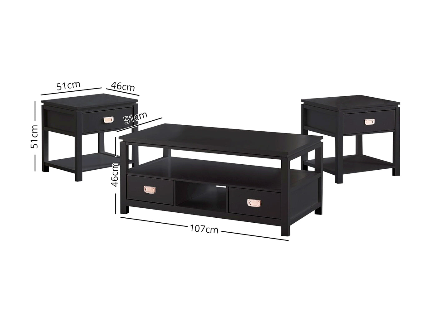 3 - Piece Solid Wood Top Living Room Table Set Black