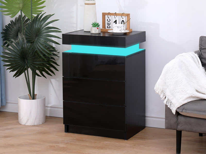 DS Glansig Bedside Table with LED Light - Piano Black