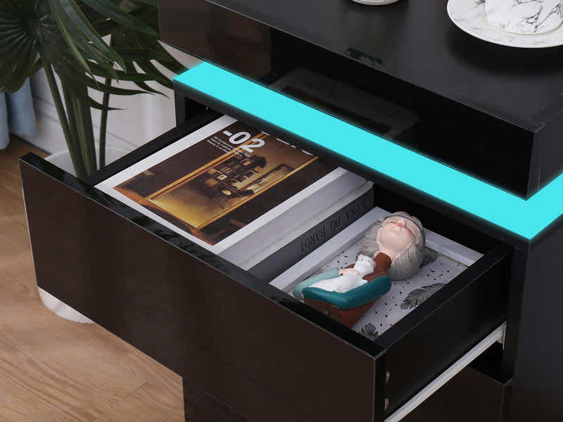 DS Glansig Bedside Table with LED Light - Piano Black
