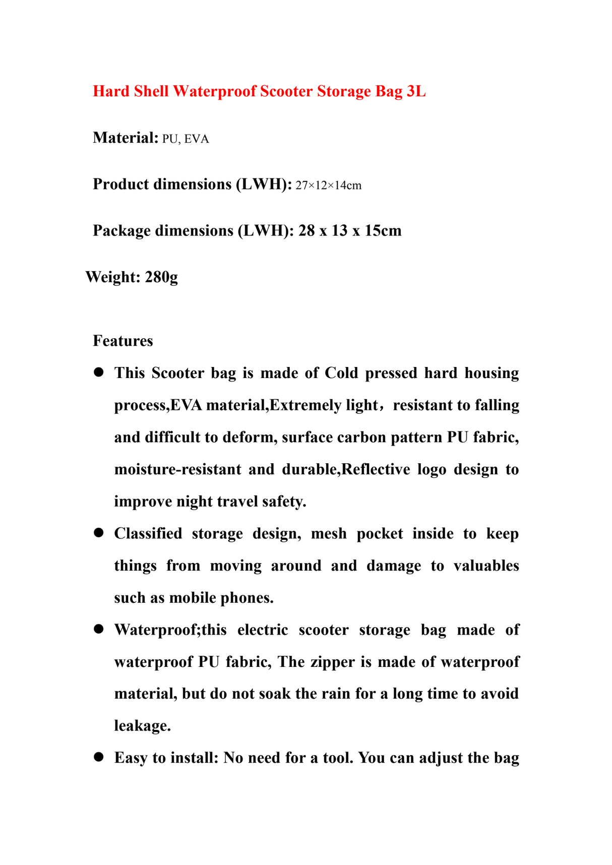 DS BS Hard Shell Waterproof Scooter Storage Bag 3L