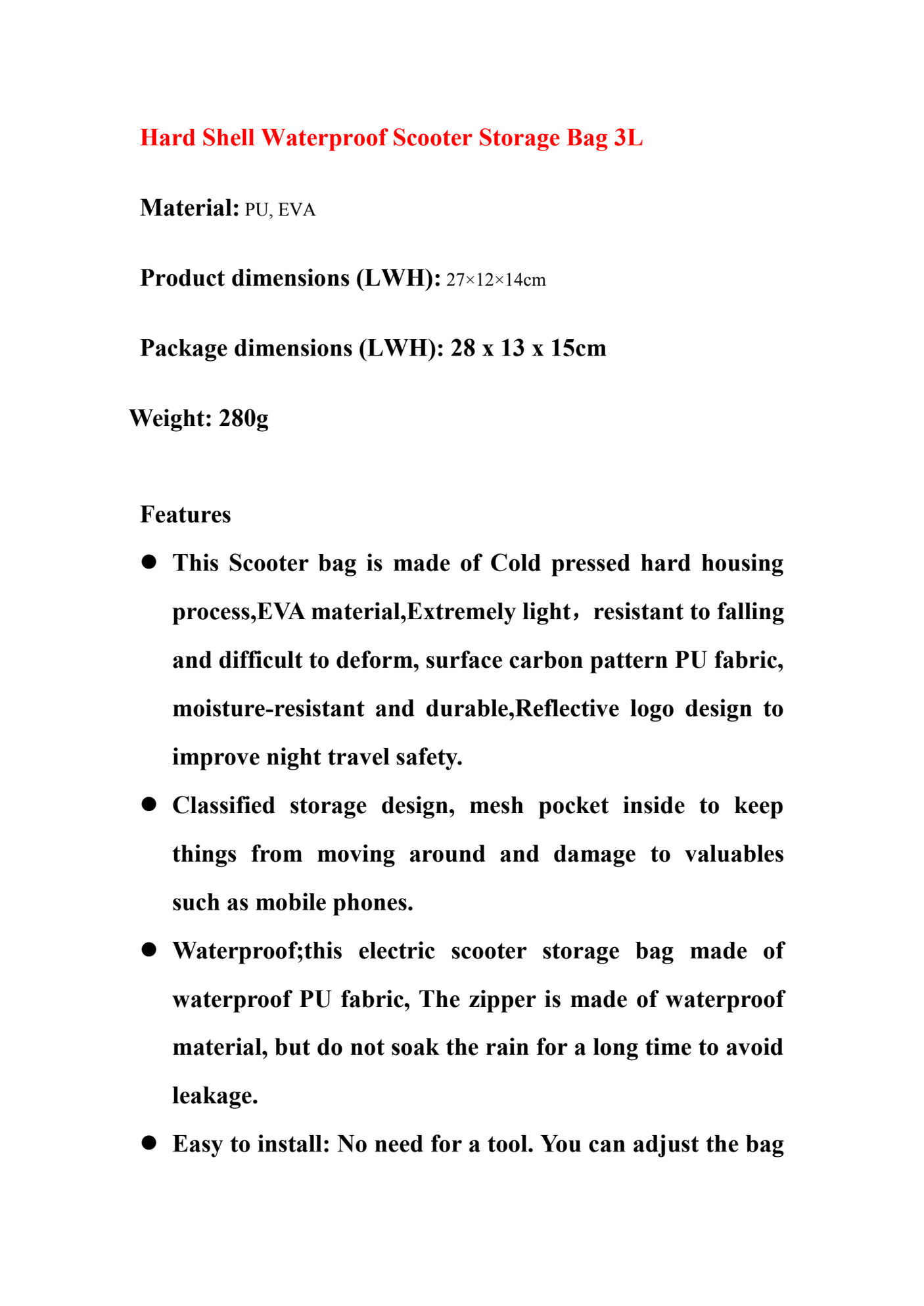 DS BS Hard Shell Waterproof Scooter Storage Bag 3L