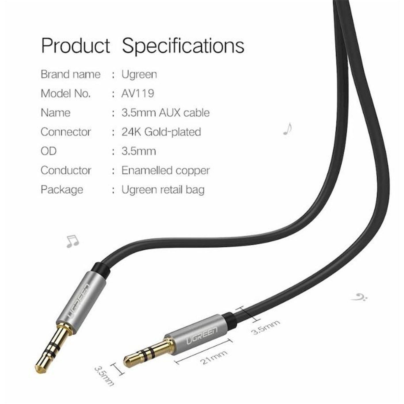 DS PB UGREEN AV119-10735 3.5mm Male To 3.5mm Male AUX Audio Stereo Cable - 2M
