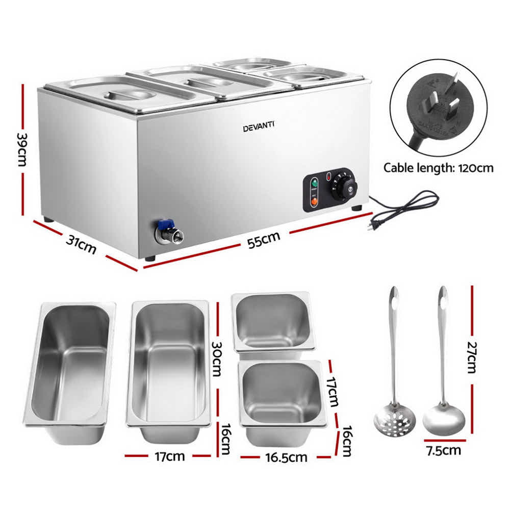 Devanti Commercial Food Warmer Bain Marie 4 Electric Buffet Pans