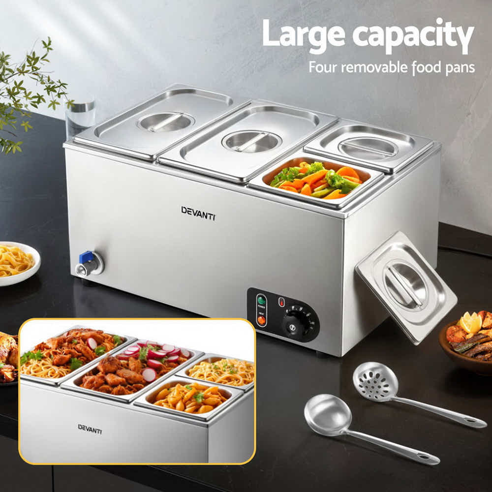 Devanti Commercial Food Warmer Bain Marie 4 Electric Buffet Pans