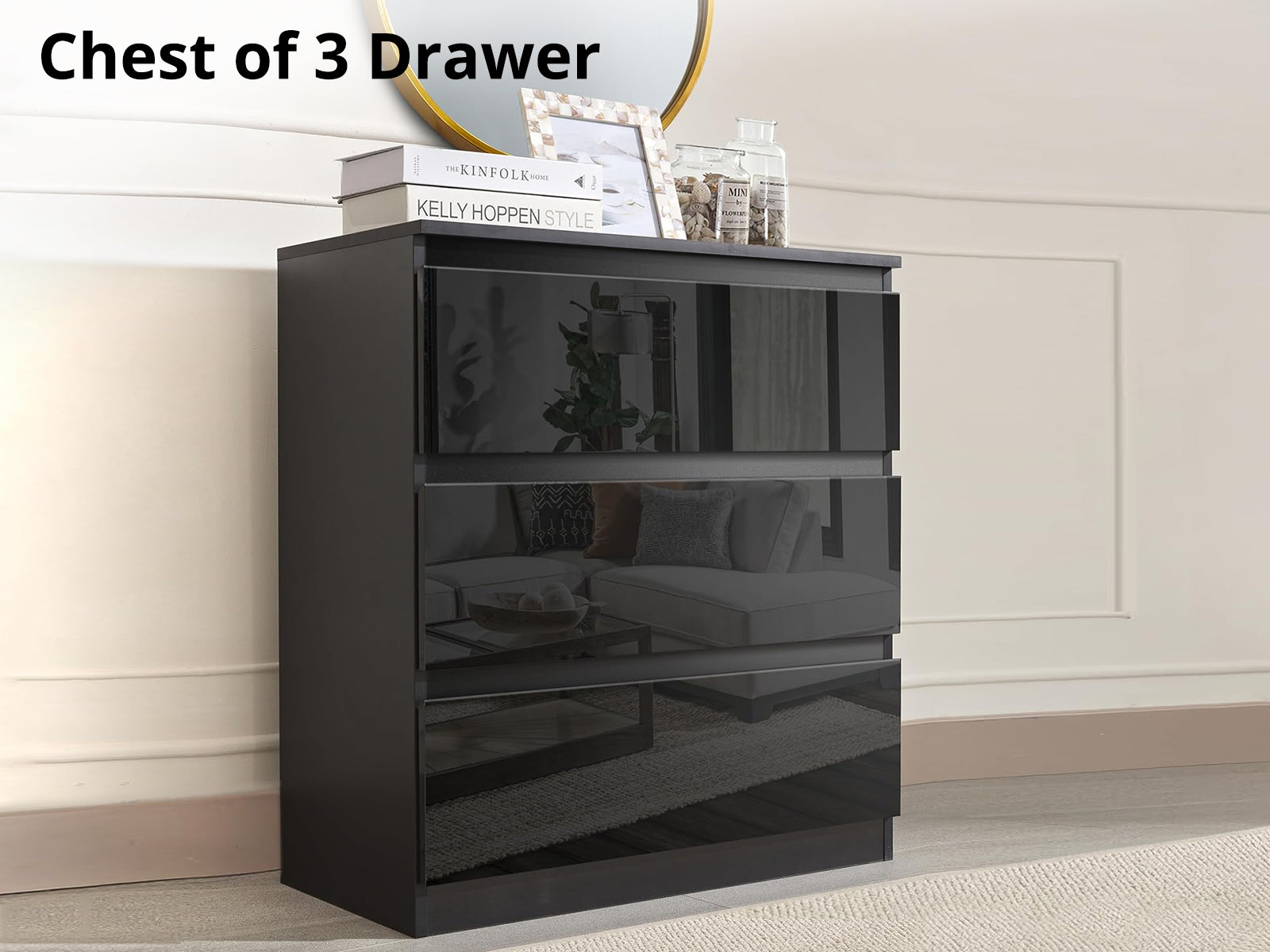 Serena 3-Drawer Chest - Glossy Black