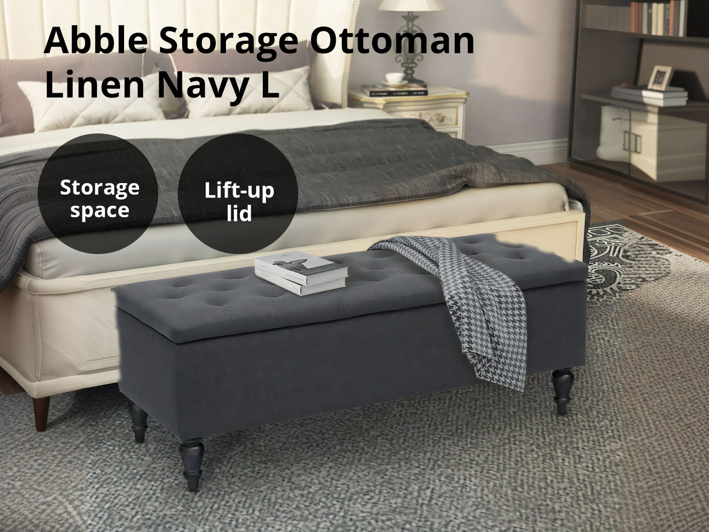 Abble Storage Ottoman Linen Navy L