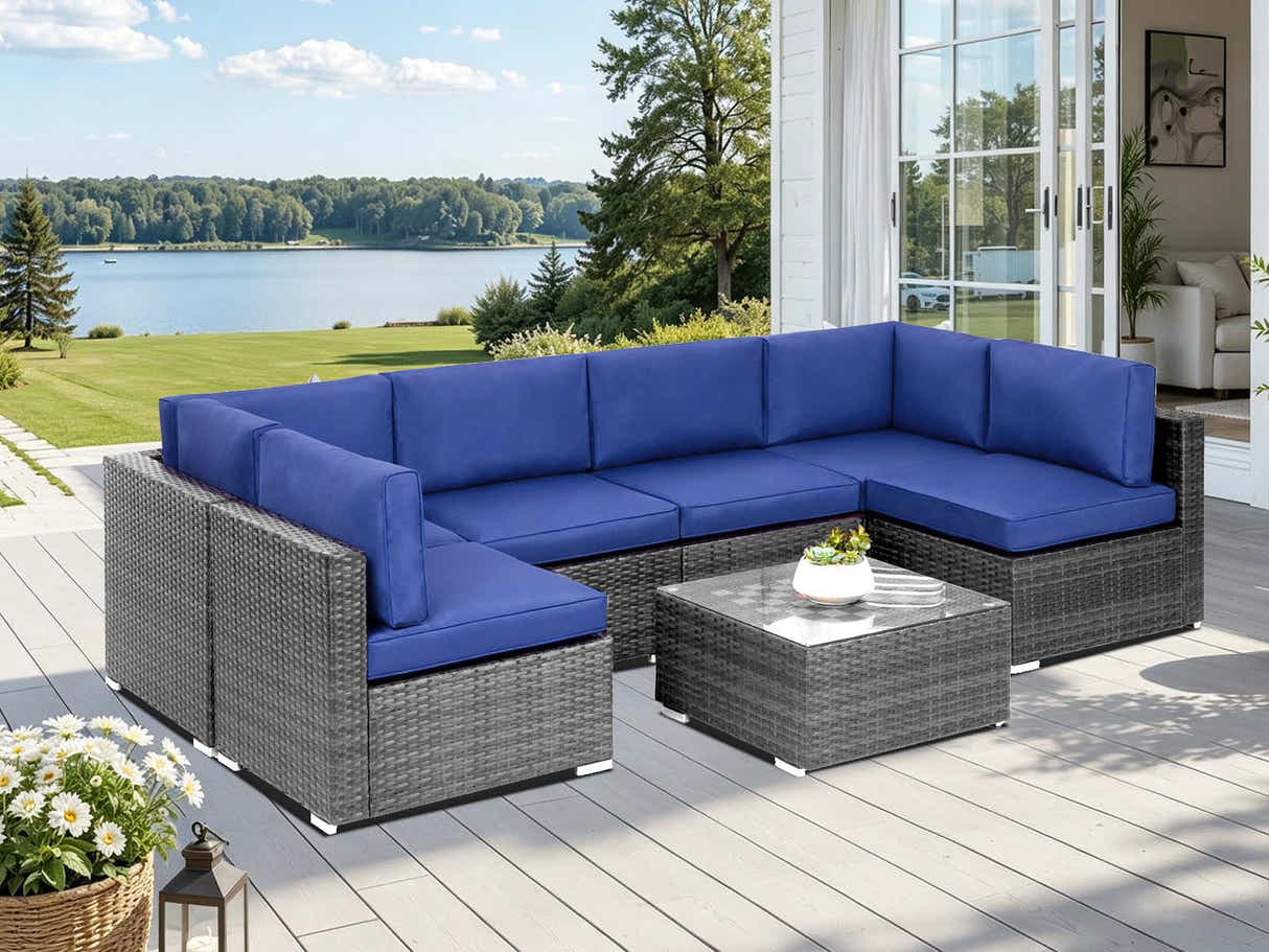 DS Tendy 7PC Patio Sofa Set Grey+Blue