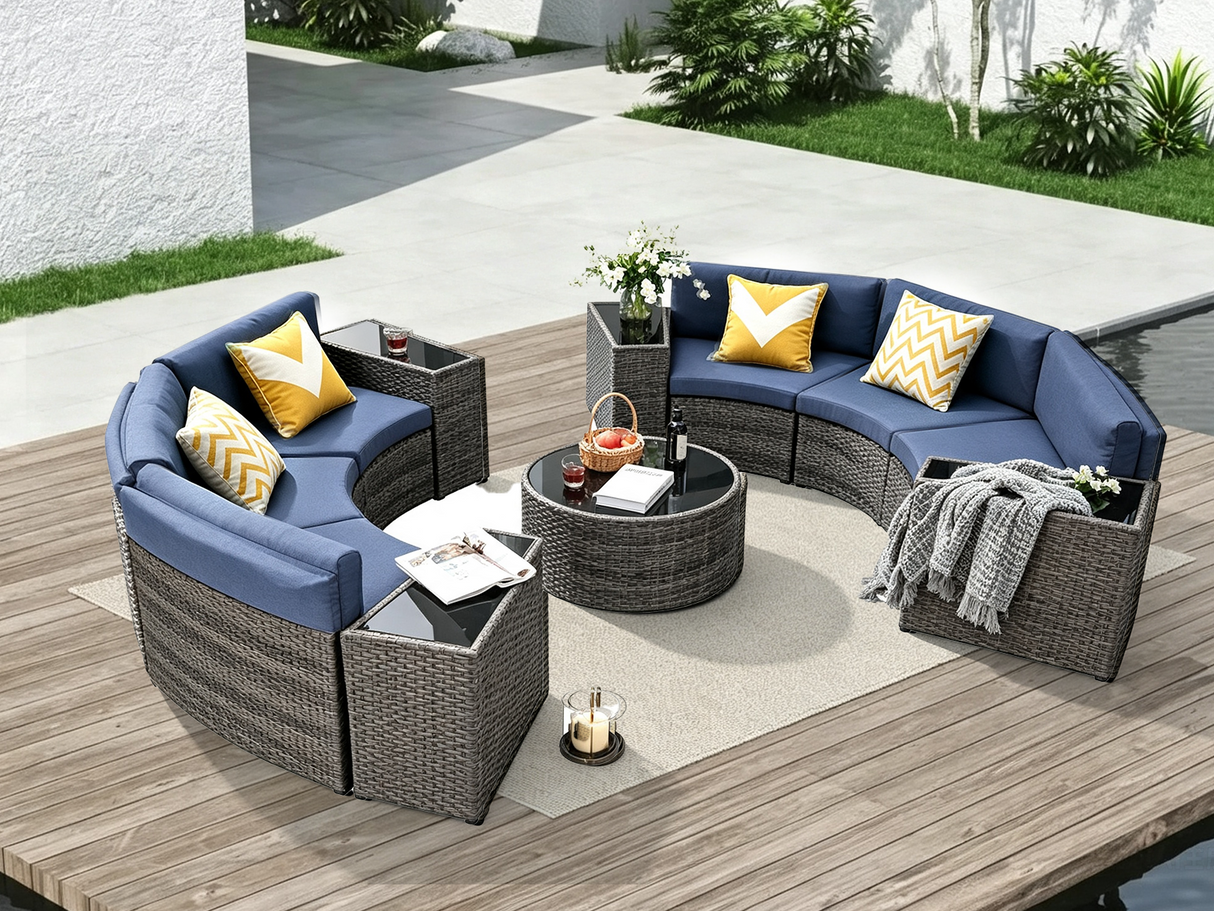 DS 11PC Curved Wicker Sofa Set Navy