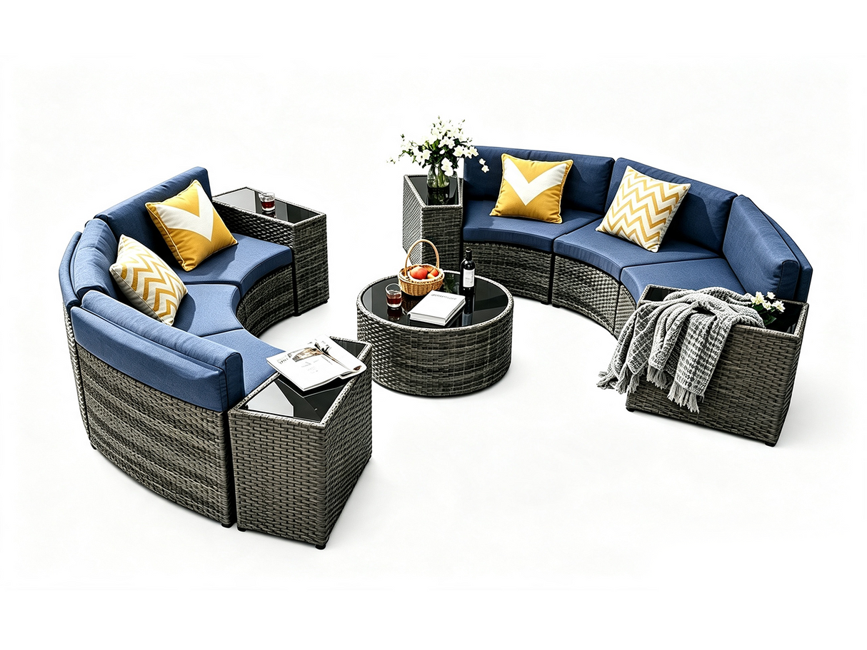 DS 11PC Curved Wicker Sofa Set Navy