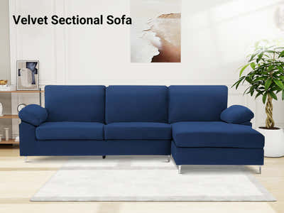 Kaveah Velvet Sofa With Right Chaise - Blue