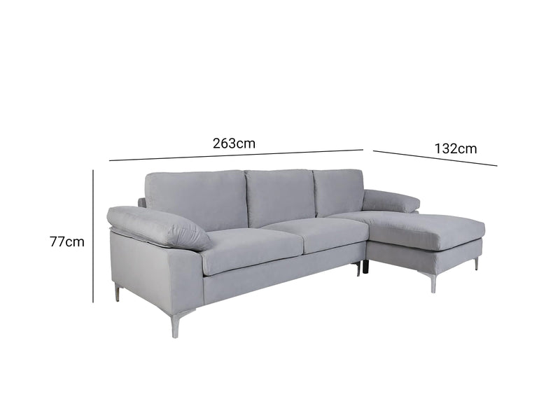 Kaveah Velvet Sofa With Right Chaise - Grey