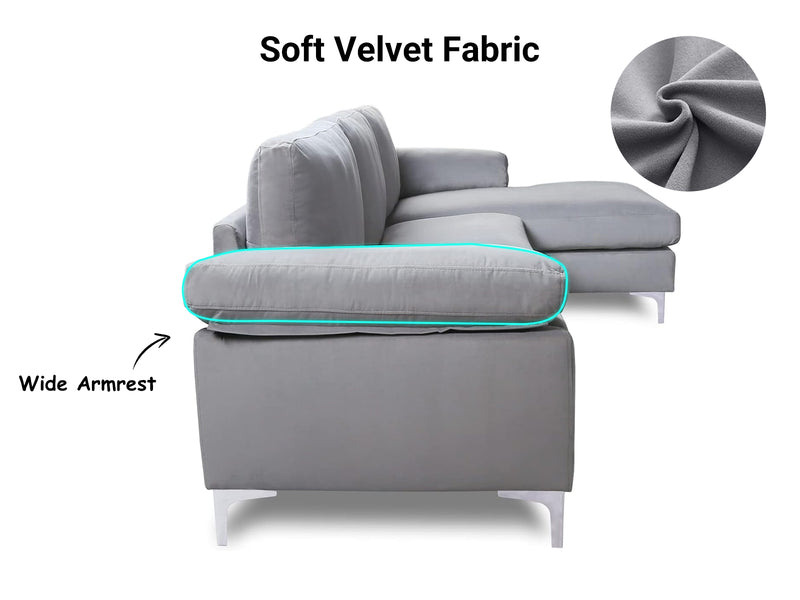 Kaveah Velvet Sofa With Right Chaise - Grey