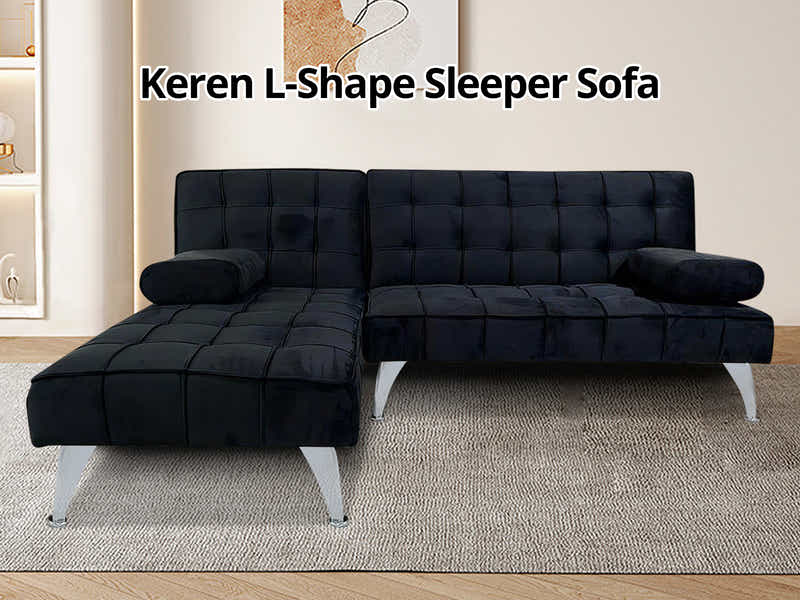 Keren Velvet L-Shape Sofa Bed - Black
