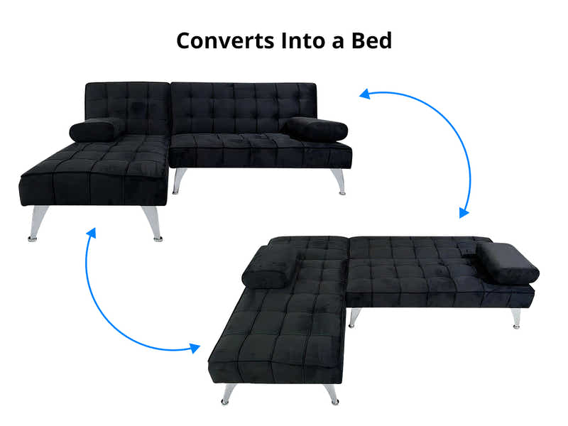Keren Velvet L-Shape Sofa Bed - Black