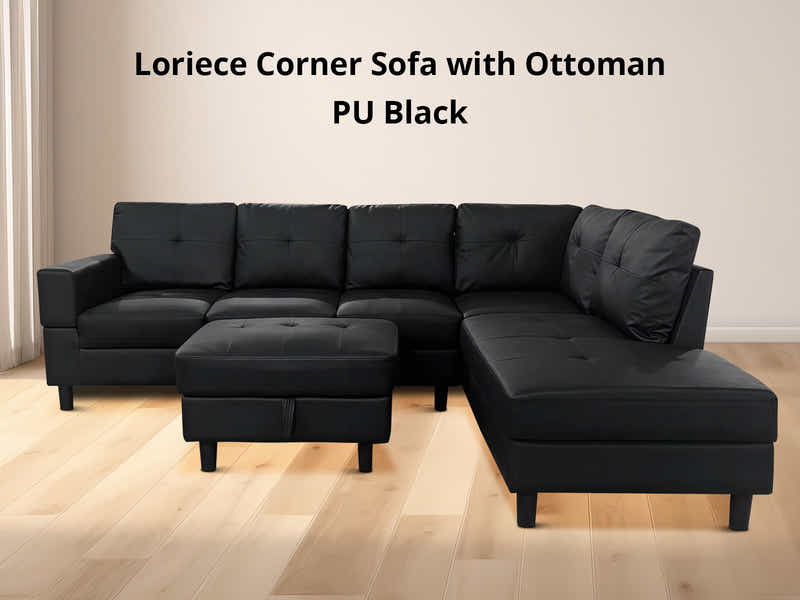 Loriece PU Leather Sofa with Ottoman - Black