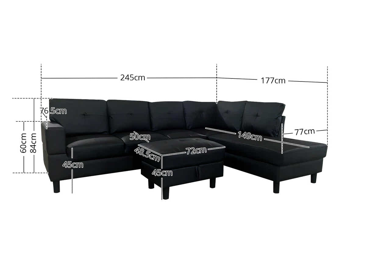 Loriece PU Leather Sofa with Ottoman - Black