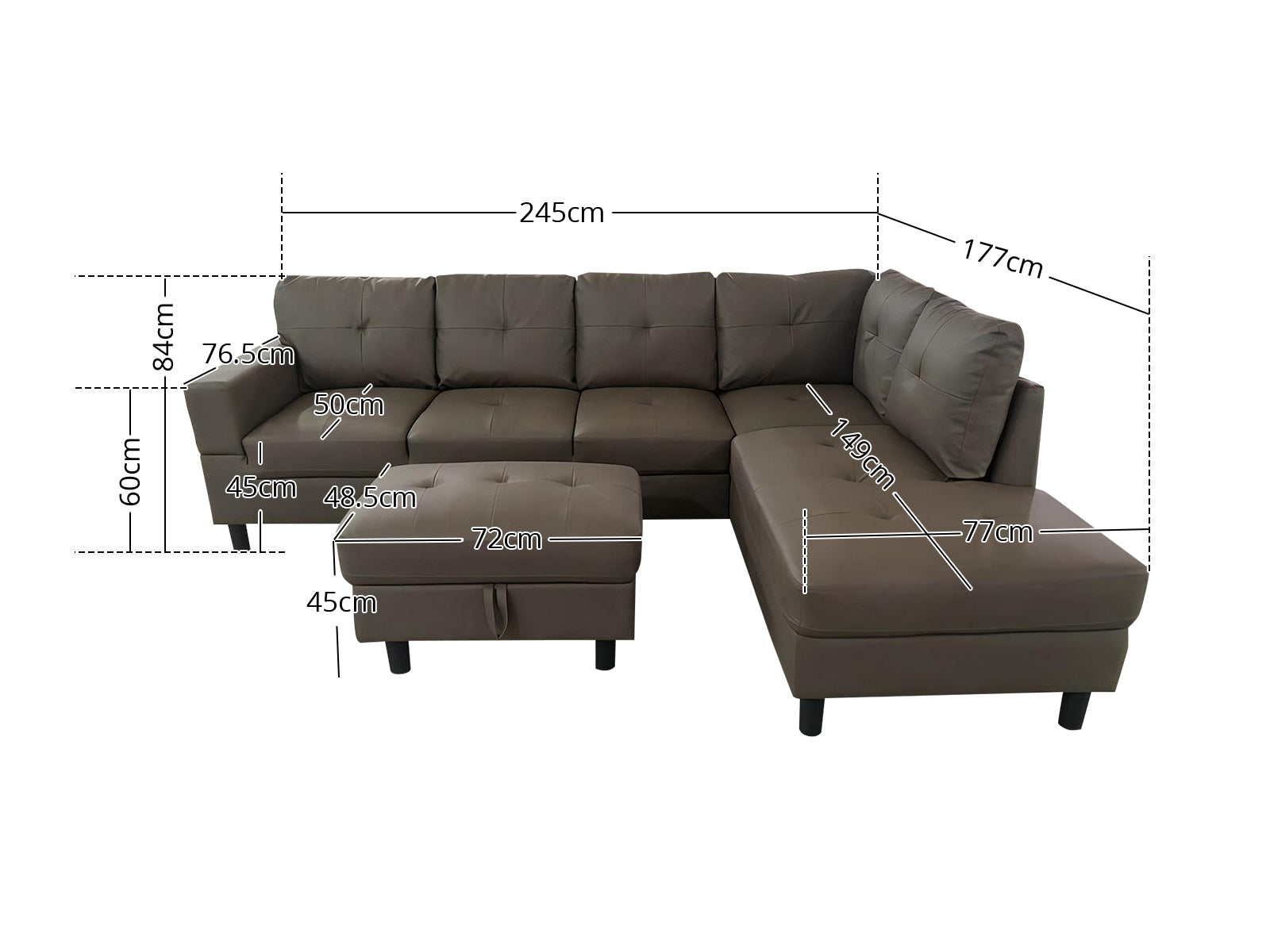 DS Loriece PU Leather Sofa with Ottoman - Brown