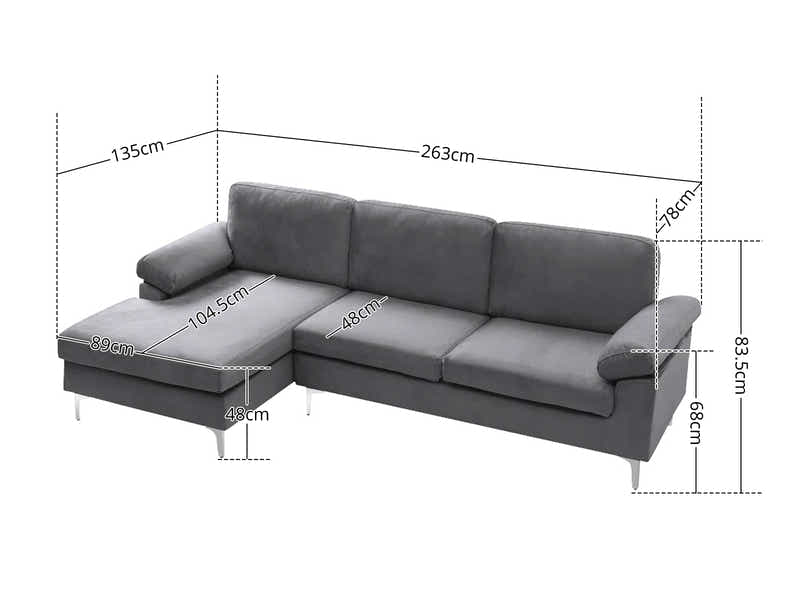 Kaveah Velvet Sofa With Left Chaise - Dark Grey