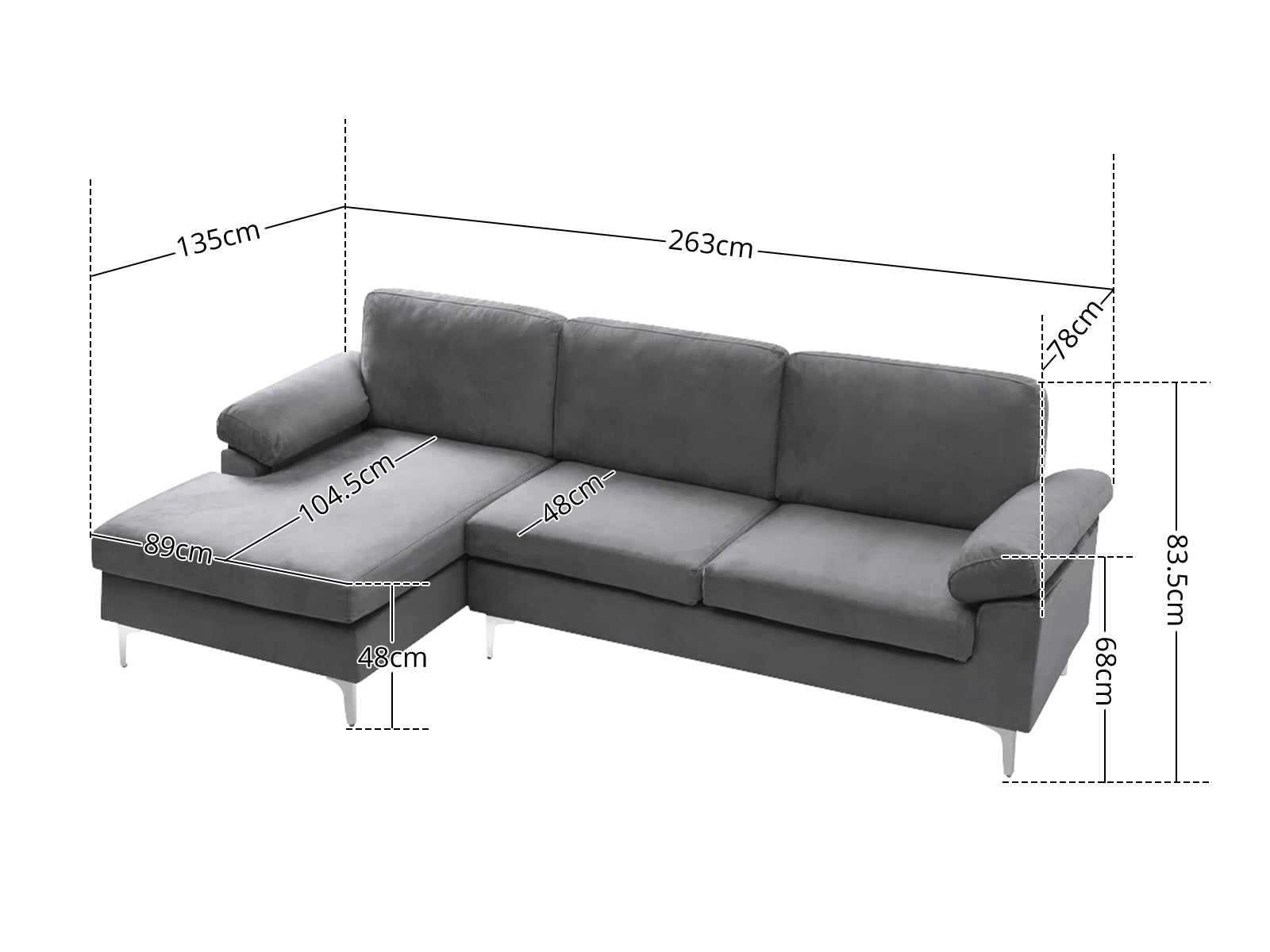 Kaveah Velvet Sofa With Left Chaise - Dark Grey