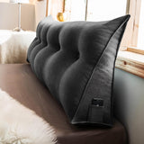 DS BS 120CM Cotton Linen Filled Triangular Wedge Bed Cushion-Black Gray