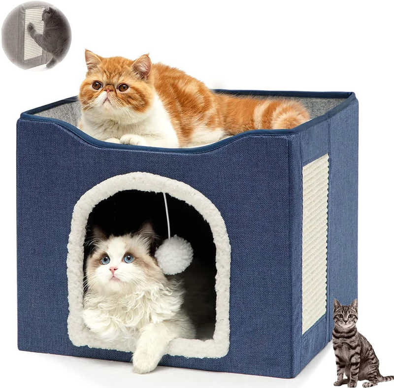 DS BS Cat Cave for Pet Cat House with Hanging Ball and Scratch Pad-Blue