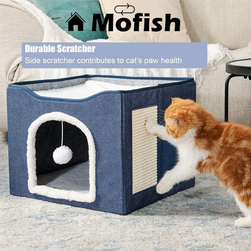 DS BS Cat Cave for Pet Cat House with Hanging Ball and Scratch Pad-Blue