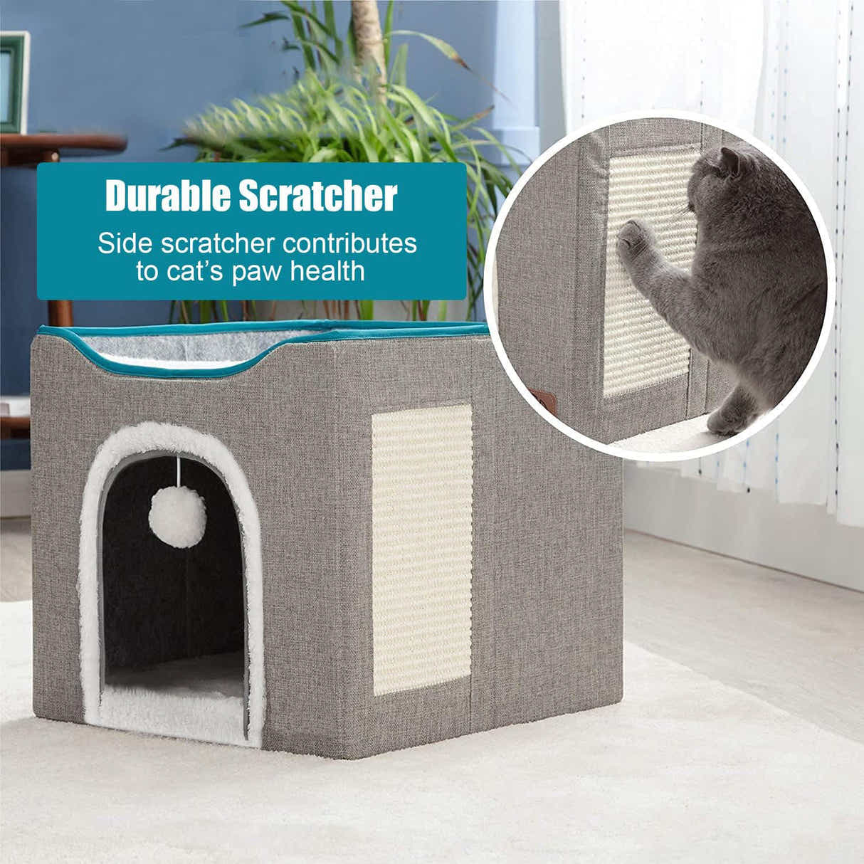 DS BS Cat Cave for Pet Cat House with Hanging Ball and Scratch Pad-Gray