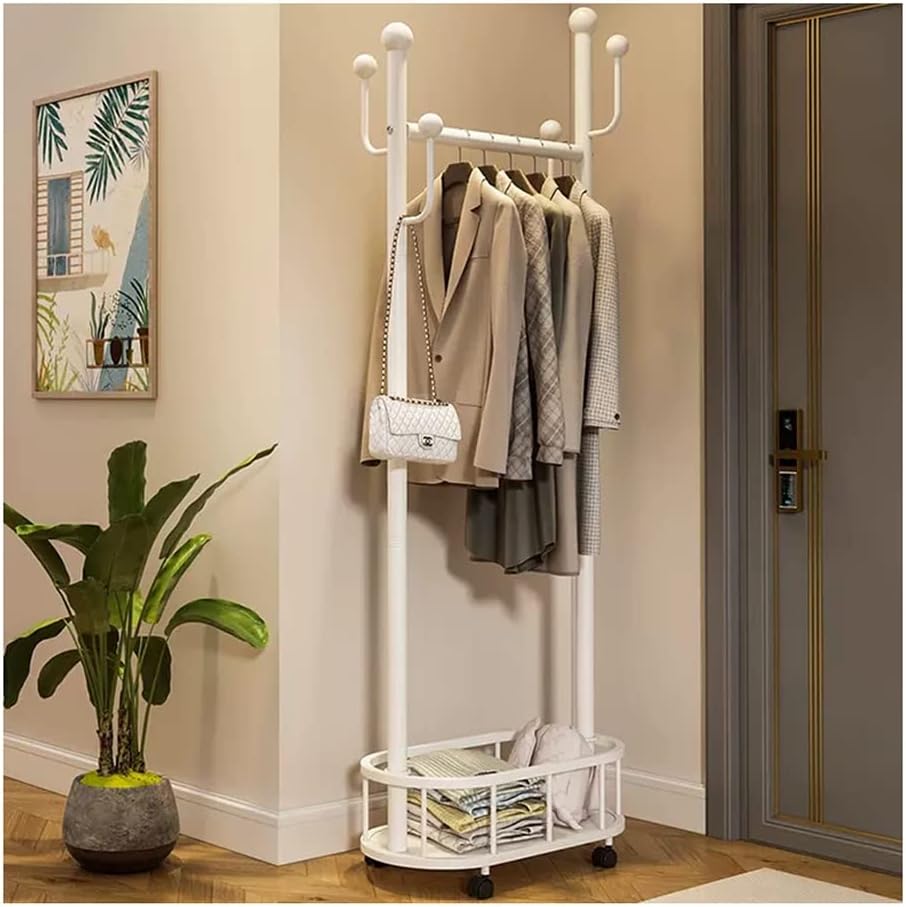 DS BS Clothes Rack On Wheels with Storage Basket-White