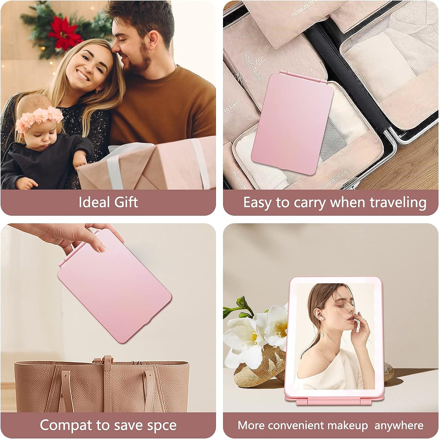 DS BS Travel Mirror Rechargeable Makeup Mirrors-Pink