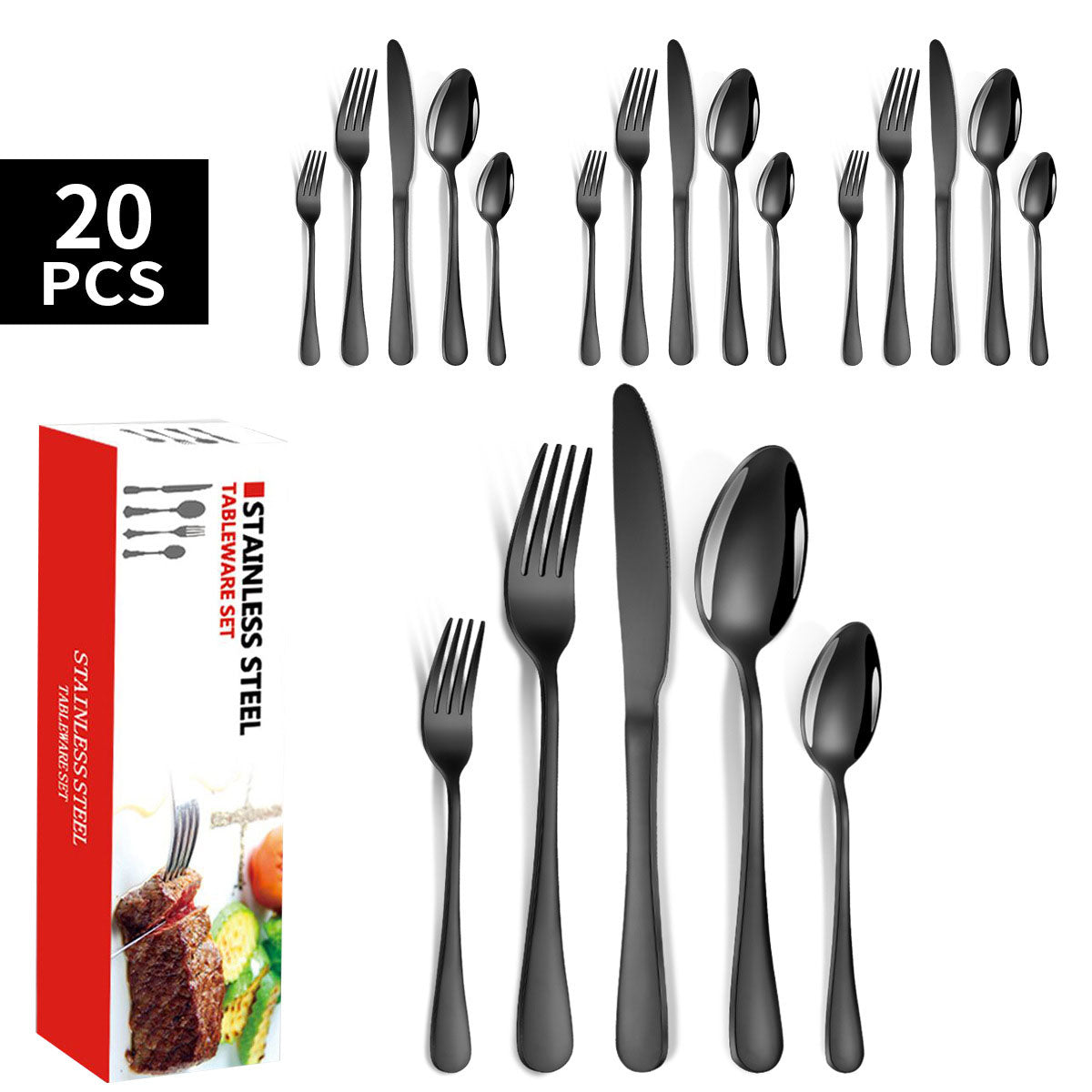 DS BS 20 Pcs Stainless Steel Flatware Set Tableware Set-Black