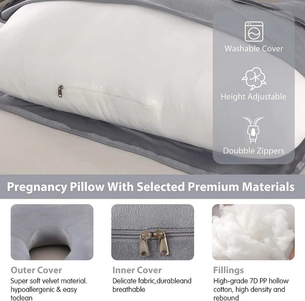 DS BS Pregnancy Pillows U-Shape Full Body Pillow-Gray