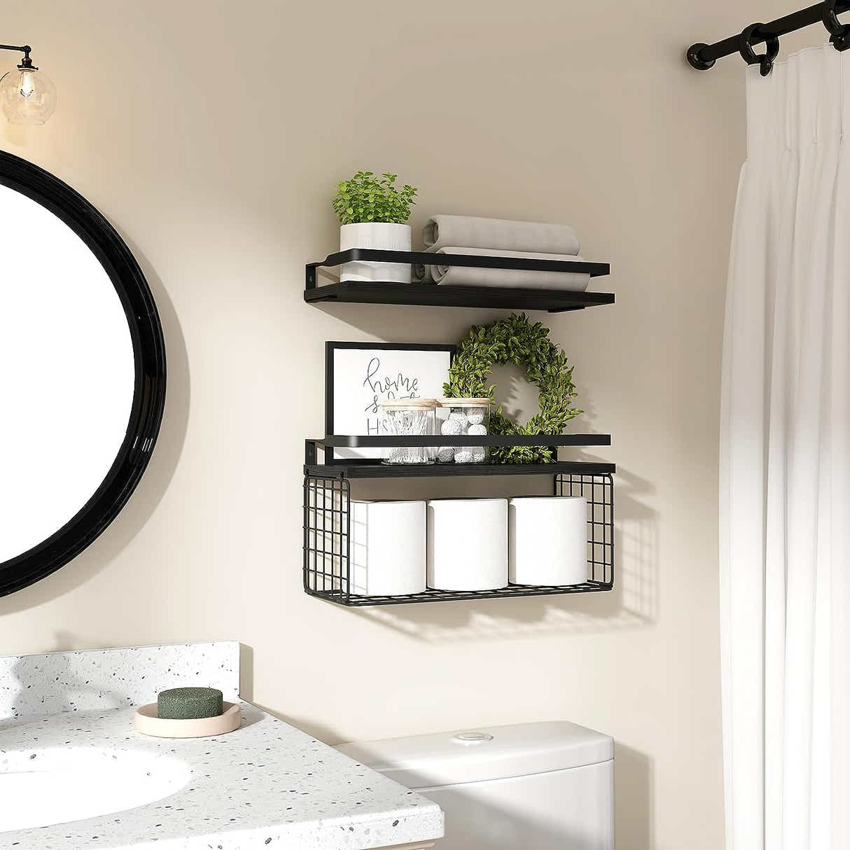 DS BS Floating Bathroom Shelves Wall Mounted with Wire Basket