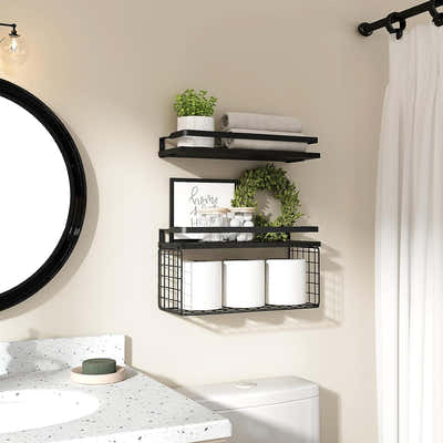 DS BS Floating Bathroom Shelves Wall Mounted with Wire Basket