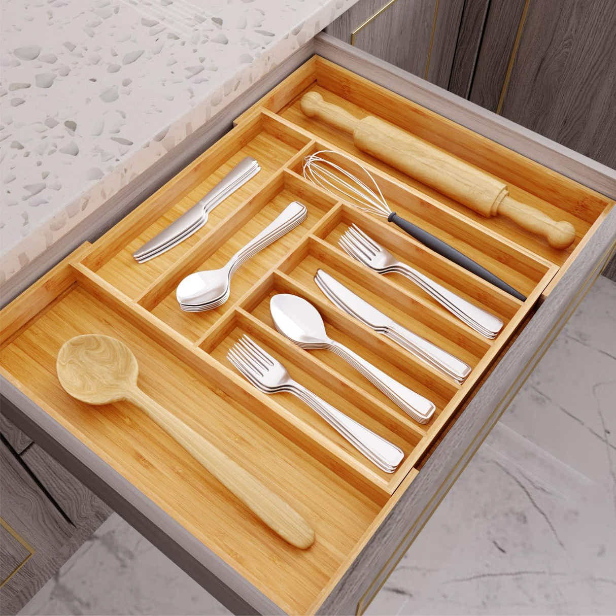 DS BS Bamboo Expandable Drawer Organizer for Utensils-9 Compartments