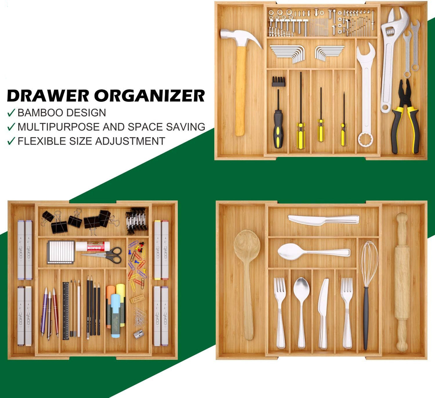 DS BS Bamboo Expandable Drawer Organizer for Utensils-9 Compartments