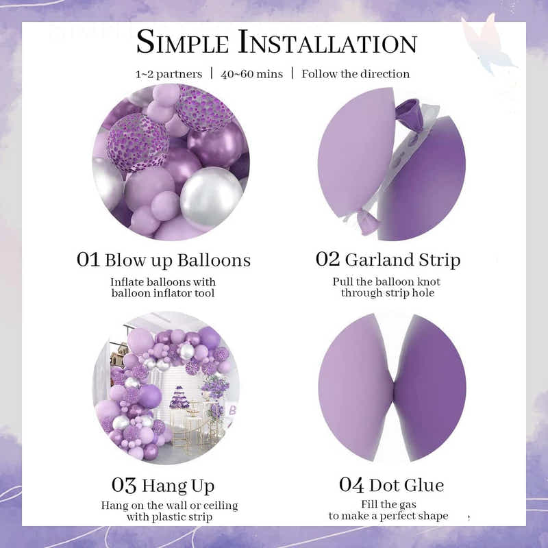 DS BS 118Pcs Butterfly Stickers Balloon Garland Kit-Purple