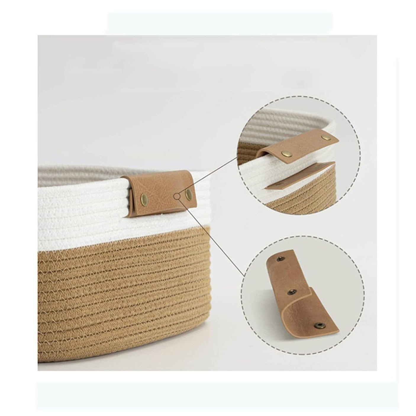 DS BS Woven Rope Basket with PU Handles-Brown/White
