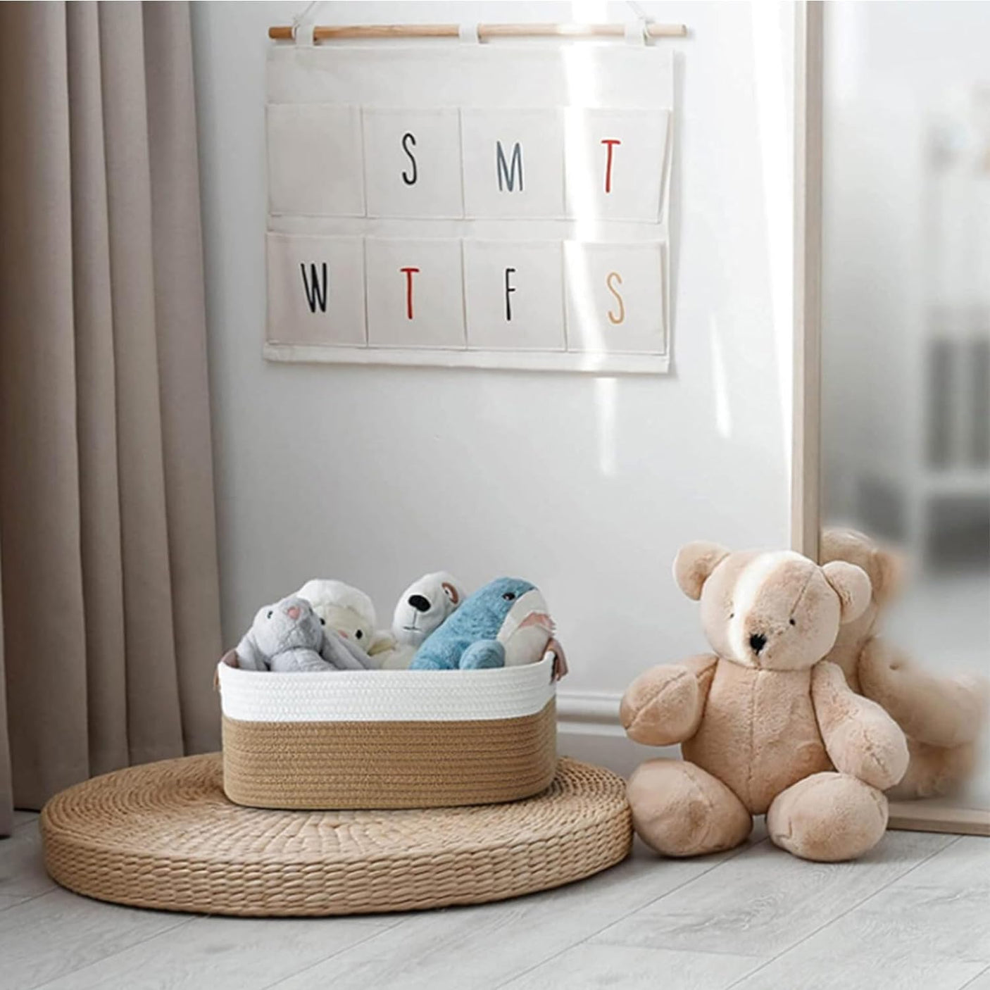 DS BS Woven Rope Basket with PU Handles-Brown/White