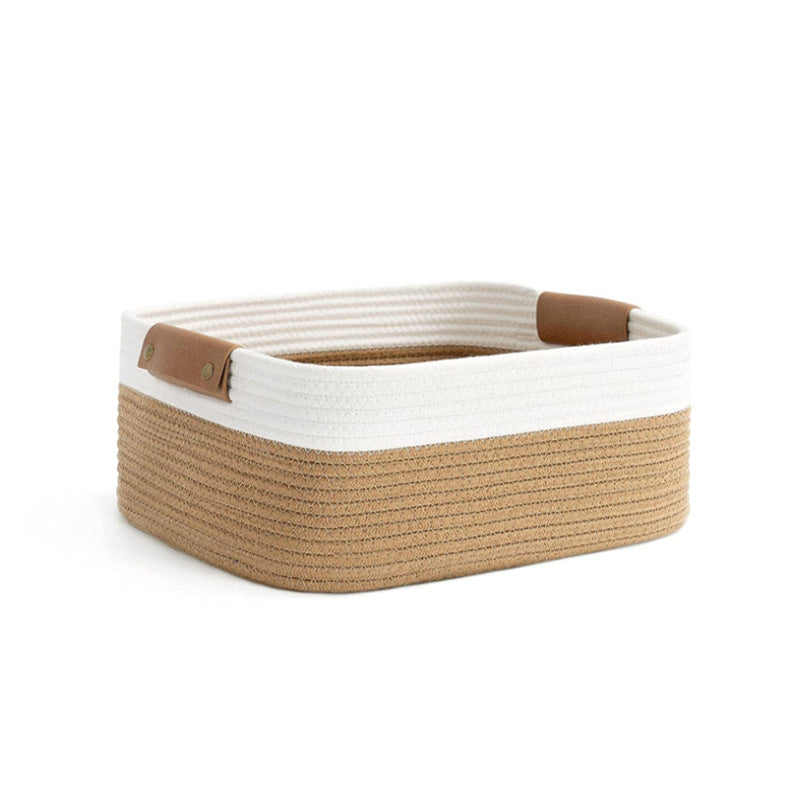 DS BS Woven Rope Basket with PU Handles-Brown/White