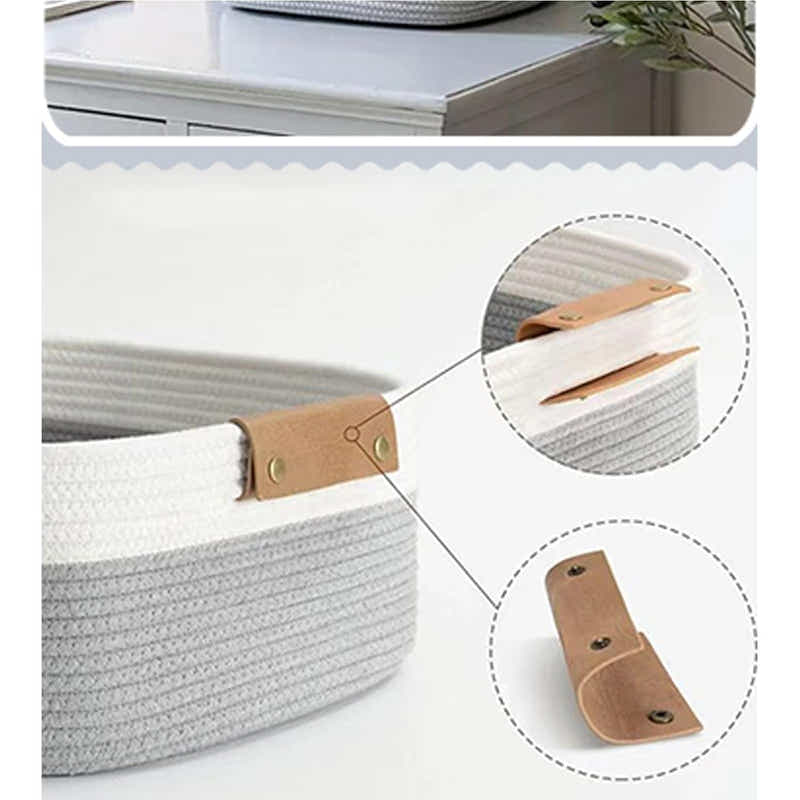 DS BS Woven Rope Basket with PU Handles-White/Grey