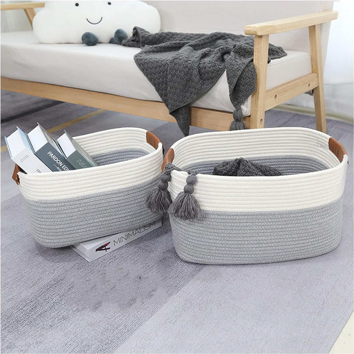 DS BS Woven Rope Basket with PU Handles-White/Grey