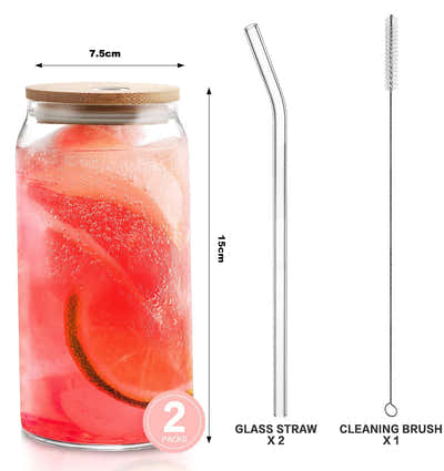 DS BS 2 Pack Drinking Glass Cup with Bamboo Lid and Straw Set
