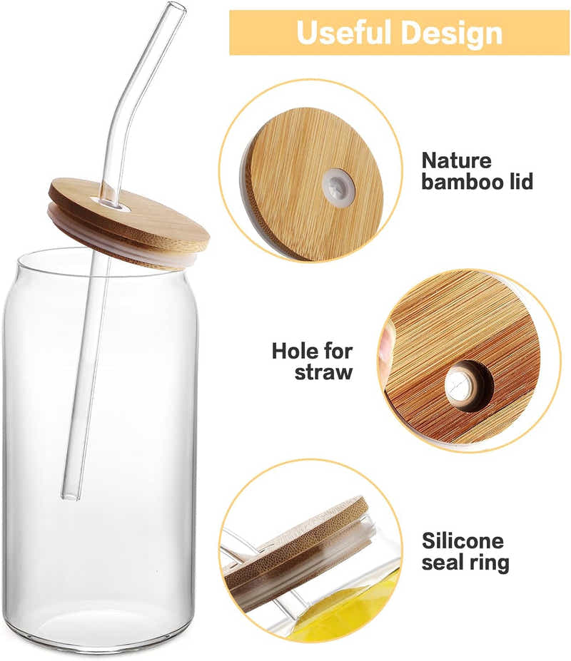 DS BS 2 Pack Drinking Glass Cup with Bamboo Lid and Straw Set