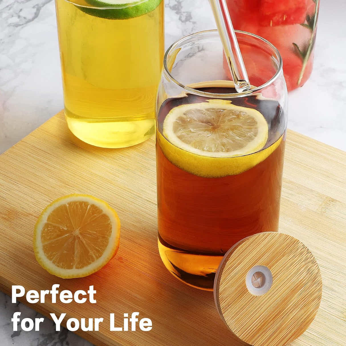 DS BS 2 Pack Drinking Glass Cup with Bamboo Lid and Straw Set