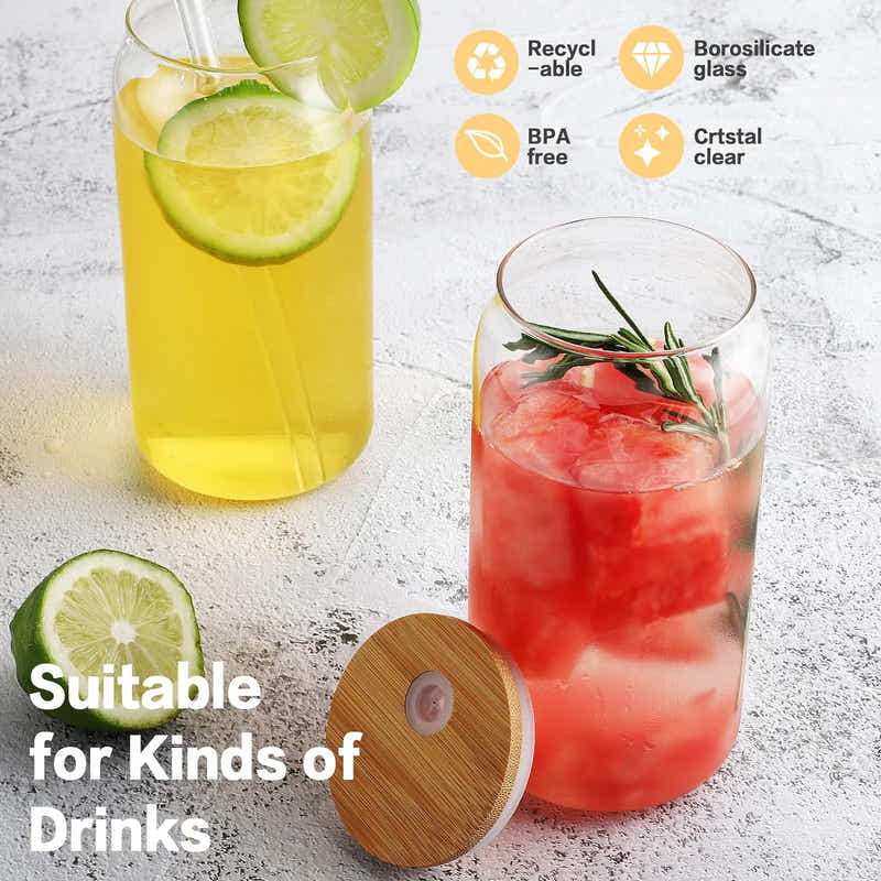 DS BS 2 Pack Drinking Glass Cup with Bamboo Lid and Straw Set