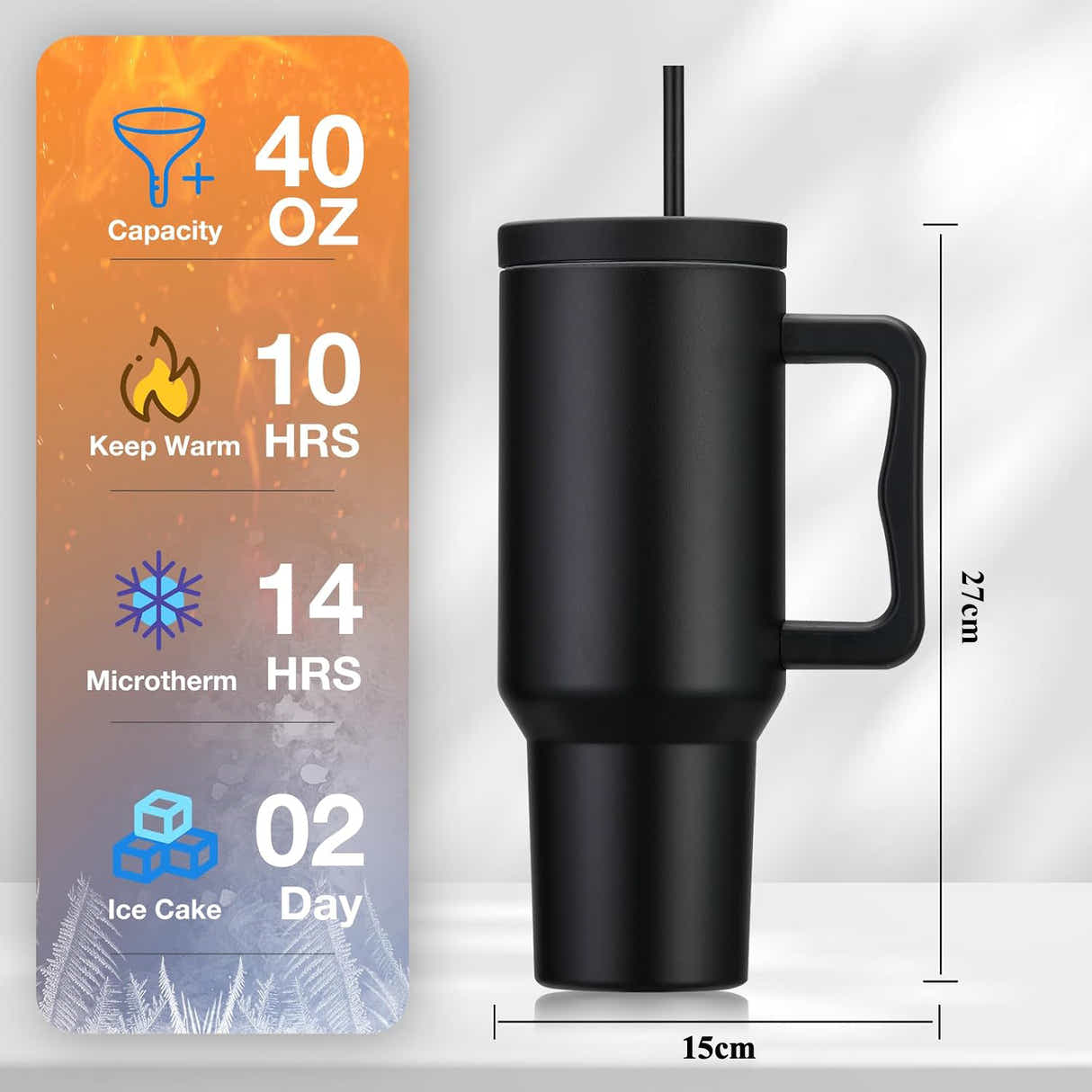 DS BS 1200ML Tumbler with Handle Fit Car Cup Holders - Black
