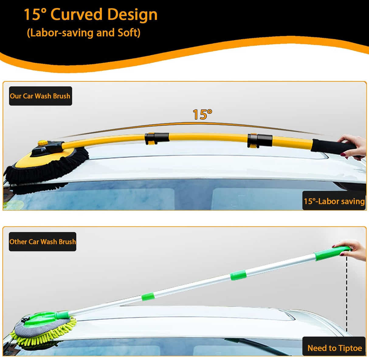 DS BS 15° Bend Car Wash Brush with Long Handle and 2 Microfiber Mop Pads